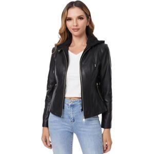 DIASHINY Faux Leather Jacket For Women Removable Hooded Moto Biker Outwear Coat(Black 018)