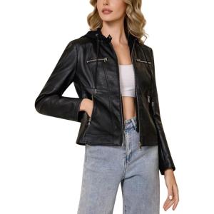 DIASHINY Faux Leather Jacket For Women Removable Hooded Moto Biker Outwear Coat(Black 164)