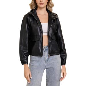 DIASHINY Faux Leather Jacket For Women Removable Hooded Moto Biker Outwear Coat(Black 167)