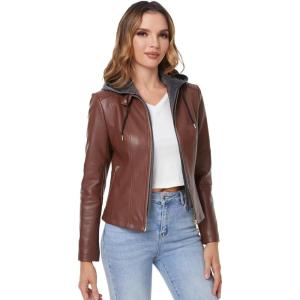 DIASHINY Faux Leather Jacket For Women Removable Hooded Moto Biker Outwear Coat(Brown 018)