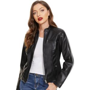 Fahsyee Zip Leather Jackets for Women Motorcycle Faux PU Moto Biker Outwear Coat(Glossy Black)