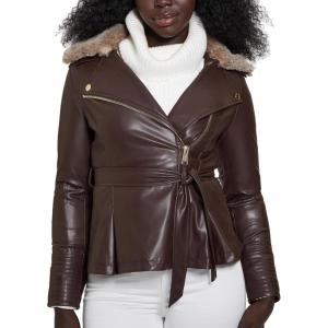 GUESS womens Tulip Peplum Zip Faux Leather Jacket(Brown)