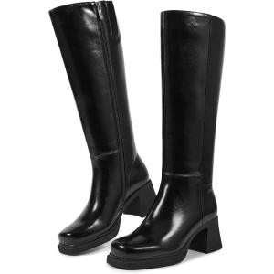 ISNOM Knee High Boots Women Chunky Low Heel Square Toe Elastic Boots Side Zipper Faux Leather Fall Long Tall Boot(Black Glossy)