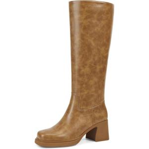ISNOM Knee High Boots Women Chunky Low Heel Square Toe Elastic Boots Side Zipper Faux Leather Fall Long Tall Boot(Brown Platform Heel)