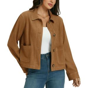 Ladyful Womens Faux Suede Bomber Jacket Cropped Dressy Fall Casual Button Down Leather Coat Outerwear(Brown)
