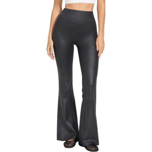 MOOSLOVER Women Faux Leather Flare Leggings Stretch PU Coated High Waisted Bell Bottom Pants(Black)