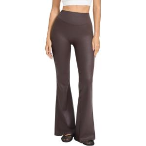 MOOSLOVER Women Faux Leather Flare Leggings Stretch PU Coated High Waisted Bell Bottom Pants(Brown)