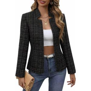 Mina Self 2026 Spring Women’s Tweed Plaid Blazer Jacket – Fully Lined Open Front Stand Collar Casual Fashion Work Office Coat(2-plaid-black)
