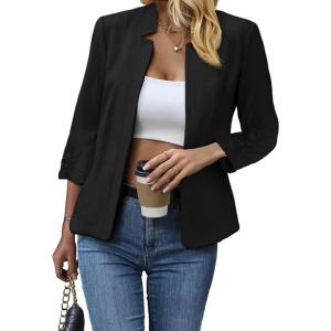 Mina Self 2026 Spring Women’s Tweed Plaid Blazer Jacket – Fully Lined Open Front Stand Collar Casual Fashion Work Office Coat(3/4sleeve-black)