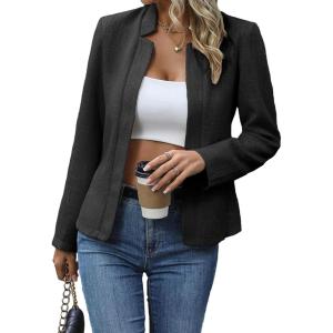 Mina Self 2026 Spring Women’s Tweed Plaid Blazer Jacket – Fully Lined Open Front Stand Collar Casual Fashion Work Office Coat(Black-1)