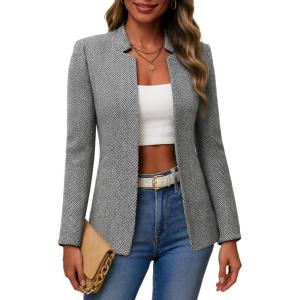 Mina Self 2026 Spring Women’s Tweed Plaid Blazer Jacket – Fully Lined Open Front Stand Collar Casual Fashion Work Office Coat(Herringbone-black)