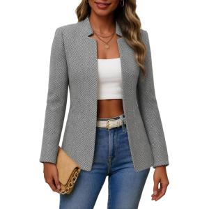 Mina Self 2026 Spring Women’s Tweed Plaid Blazer Jacket – Fully Lined Open Front Stand Collar Casual Fashion Work Office Coat(Herringbone-grey)