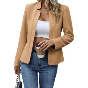 Mina Self 2026 Spring Women’s Tweed Plaid Blazer Jacket – Fully Lined Open Front Stand Collar Casual Fashion Work Office Coat(Khaki)