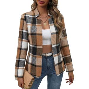 Mina Self 2026 Spring Women’s Tweed Plaid Blazer Jacket – Fully Lined Open Front Stand Collar Casual Fashion Work Office Coat(Khaki-brown/Flannel)