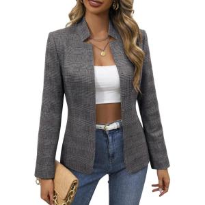 Mina Self 2026 Spring Women’s Tweed Plaid Blazer Jacket – Fully Lined Open Front Stand Collar Casual Fashion Work Office Coat(Plaid Black)