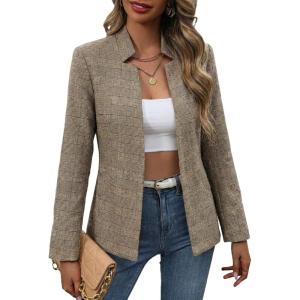 Mina Self 2026 Spring Women’s Tweed Plaid Blazer Jacket – Fully Lined Open Front Stand Collar Casual Fashion Work Office Coat(Plaid Brown)
