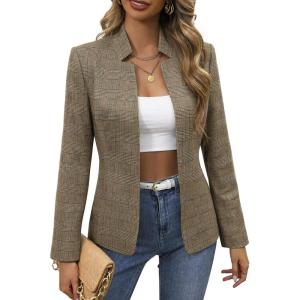 Mina Self 2026 Spring Women’s Tweed Plaid Blazer Jacket – Fully Lined Open Front Stand Collar Casual Fashion Work Office Coat(Plaid Khaki)