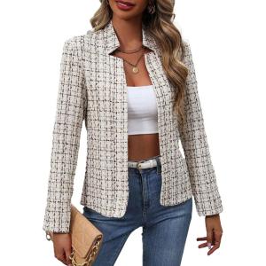 Mina Self 2026 Spring Women’s Tweed Plaid Blazer Jacket – Fully Lined Open Front Stand Collar Casual Fashion Work Office Coat(Plaid/Beige)