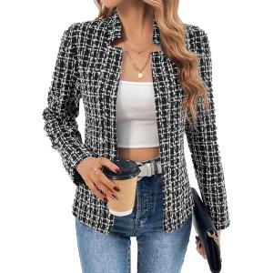 Mina Self 2026 Spring Women’s Tweed Plaid Blazer Jacket – Fully Lined Open Front Stand Collar Casual Fashion Work Office Coat(Plaid/Black)