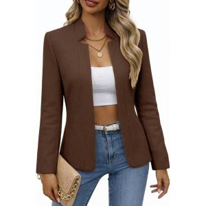 Mina Self 2026 Spring Women’s Tweed Plaid Blazer Jacket – Fully Lined Open Front Stand Collar Casual Fashion Work Office Coat(Wool-chocolate Brown)