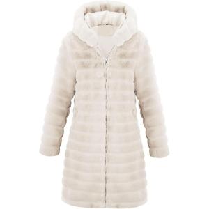 RISISSIDA Women Long Faux Fur Coat Fuzzy Jacket Hooded Winter Fall Warm Overcoat(Beige-horizontal Texture)