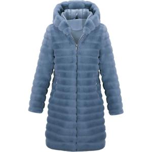 RISISSIDA Women Long Faux Fur Coat Fuzzy Jacket Hooded Winter Fall Warm Overcoat(Blue-horizontal Texture)