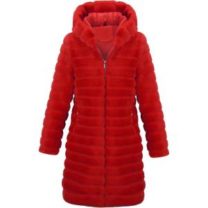 RISISSIDA Women Long Faux Fur Coat Fuzzy Jacket Hooded Winter Fall Warm Overcoat(Bright Red-horizontal Texture)