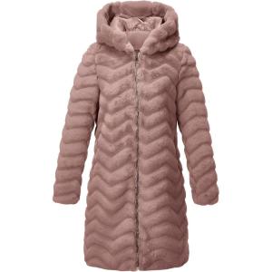 RISISSIDA Women Long Faux Fur Coat Fuzzy Jacket Hooded Winter Fall Warm Overcoat(Brown Pink-wave Texture)