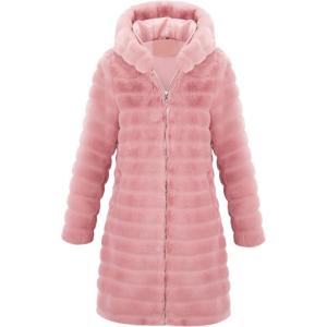 RISISSIDA Women Long Faux Fur Coat Fuzzy Jacket Hooded Winter Fall Warm Overcoat(Dark Pink-horizontal Texture)