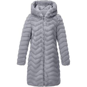 RISISSIDA Women Long Faux Fur Coat Fuzzy Jacket Hooded Winter Fall Warm Overcoat(Gray-wave Texture)