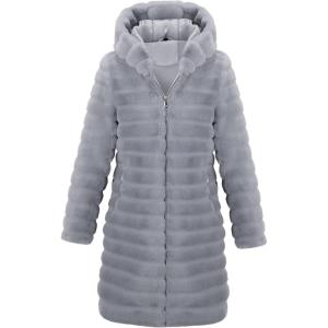 RISISSIDA Women Long Faux Fur Coat Fuzzy Jacket Hooded Winter Fall Warm Overcoat(Grey-horizontal Texture)