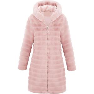 RISISSIDA Women Long Faux Fur Coat Fuzzy Jacket Hooded Winter Fall Warm Overcoat(Light Pink-horizontal Texture)