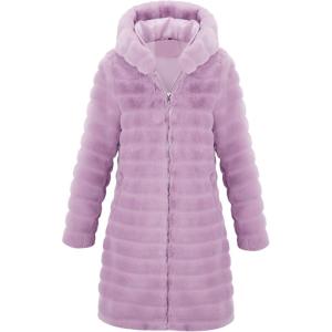 RISISSIDA Women Long Faux Fur Coat Fuzzy Jacket Hooded Winter Fall Warm Overcoat(Pink Purple-horizontal Texture)