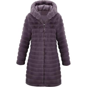 RISISSIDA Women Long Faux Fur Coat Fuzzy Jacket Hooded Winter Fall Warm Overcoat(Purple-horizontal Texture)