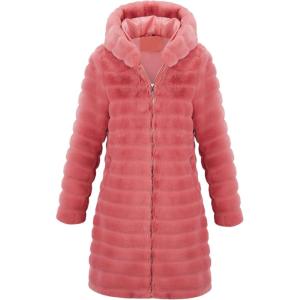 RISISSIDA Women Long Faux Fur Coat Fuzzy Jacket Hooded Winter Fall Warm Overcoat(Red-horizontal Texture)