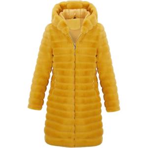 RISISSIDA Women Long Faux Fur Coat Fuzzy Jacket Hooded Winter Fall Warm Overcoat(Yellow-horizontal Texture)