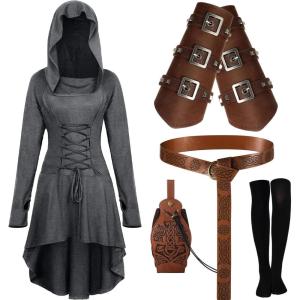 Suhine 5 Pcs Renaissance Women Costume Medieval Hooded Robe Carnival Vintage Faux Leather Arm Pouch Belt for Cosplay Party(Grey)
