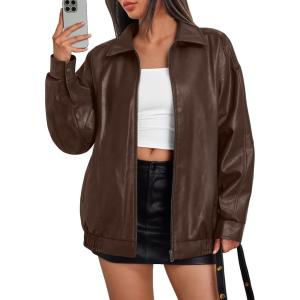 Trendy Queen Womens Leather Jacket, Oversized Going Out & Everyday Statement Piece, Bomber Jacktes Moto Coat(Brown)