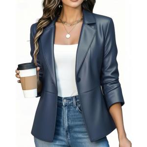 Women Leather Jacket Faux Slim Fit Ruched 3/4 Sleeve Blazers for Casual Business Interview Semi Formal Work Outfit(Deep Blue)
