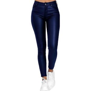 Women’s Fake Leather Skinny Pants Jeans Style Stretchy Jeggings, Faux Leather Sexy Legging Pants with Pockets(Blue)