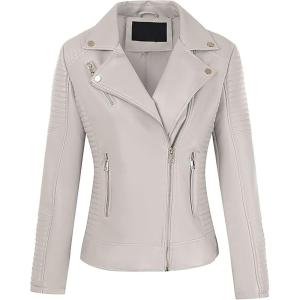Women’s Faux Leather Jacket Spring Motorcycle Biker Clothes Outfits Short Fashion PU Casual Coat(Beige)