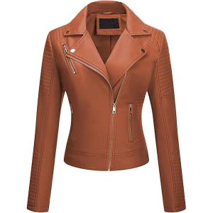 Women’s Faux Leather Jacket Spring Motorcycle Biker Clothes Outfits Short Fashion PU Casual Coat(Brown)