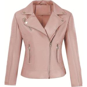 Women’s Faux Leather Jacket Spring Motorcycle Biker Clothes Outfits Short Fashion PU Casual Coat(Pink)
