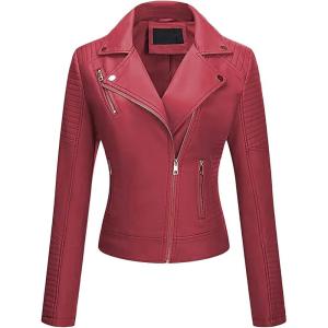 Women’s Faux Leather Jacket Spring Motorcycle Biker Clothes Outfits Short Fashion PU Casual Coat(Red)