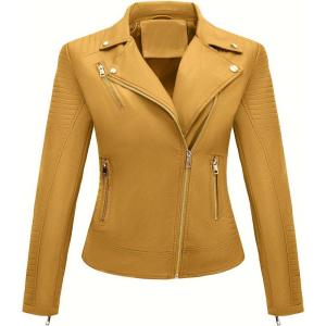 Women’s Faux Leather Jacket Spring Motorcycle Biker Clothes Outfits Short Fashion PU Casual Coat(Yellow)