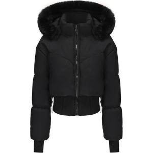 Womens Winter Cropped Puffer Jacket Long Sleeve Oversized Stand Collar Zip-Up Short Coats with Faux Fur Hood Outwear(Black)