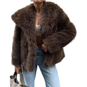Yimoon Womens Faux Fur Coat Lapel Open Front Fluffy Shaggy Jacket Winter Warm Furry Overcoat(Coffee)