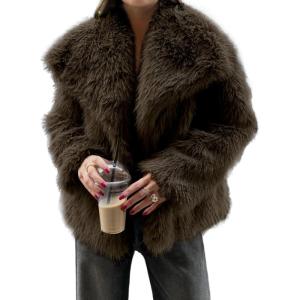 Yimoon Womens Faux Fur Coat Lapel Open Front Fluffy Shaggy Jacket Winter Warm Furry Overcoat(Darkbrown)