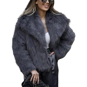 Yimoon Womens Faux Fur Coat Lapel Open Front Fluffy Shaggy Jacket Winter Warm Furry Overcoat(Darkgrey)