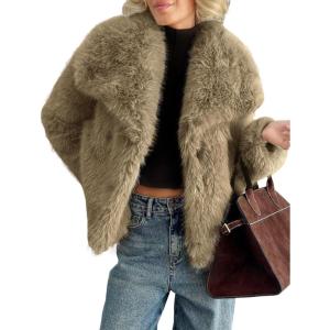 Yimoon Womens Faux Fur Coat Lapel Open Front Fluffy Shaggy Jacket Winter Warm Furry Overcoat(Khaki)